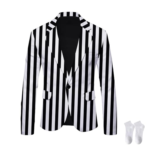 Men's Black and White Striped Blazer, Business Button Casual Slim Fit Pinstripe Suits Party Jacket