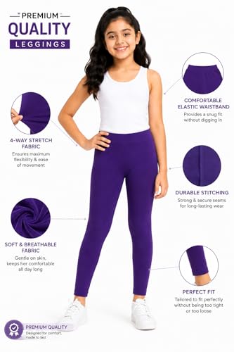 Image of BODYCARE Girls Cotton Stretch Leggings, Elastic Waist Ankle Length Leggings for Kids, Soft