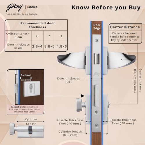 Image of Godrej Mortise Lock | Handle Lock Set for Main & Bedroom Door | Home Decor Handle | Satin Steel Finish | 9 Inch Lockbody | 70 mm 1CK Cylinder - Knob from Inside & with 4 Keys | 5 Yrs Warranty
