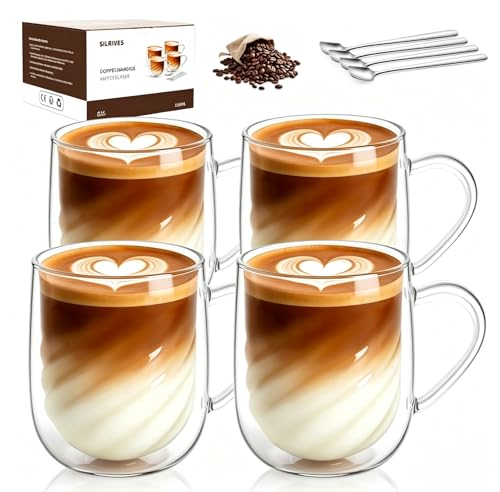 SILRIVES Latte Macchiato Gläser Doppelwandig 350ml 4er Doppelwandige Kaffeegläser Teegläser mit Henkel und Löffeln Borosilikatglas Thermogläser Doppelwandig für Cappuccino Tee Espresso Milch Bier
