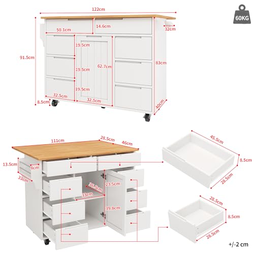 boorbin Isla de cocina moderna, armario de cocina, carrito de cocina extensible con ruedas y encimera, carrito de servir con estante para especias y 8 cajones (blanco) - imagen 4