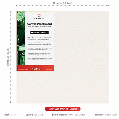 Image of Scholar Art Hobby Series 04 Oz (230 GSM) 100% Cotton Canvas Panel Board for Painting (White Blank Canvas Boards for Acrylic Paint, Oil Paint, Wet & Dry Media) | 12 inchx12 inch (30x30 cm), Pack of 12