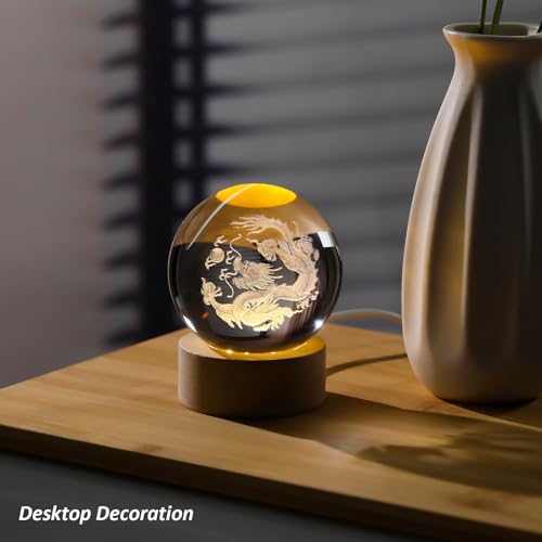 Image of Arikyrist 3D Dragon Figurines Crystal Ball with Wooden Base, 3D Laser Engraved Dragon Statue Decorative Glass Balls Paperweight Crystal Chinese Dragon Figurines Decor Gifts for Women