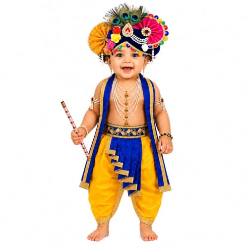 Image of Raj Fancy Dresses Luxury Krishna Pagri for Kids Boys & Girls | Bal Gopal Kanha Janmashtami Turban with 3 Mor Pankh & Pearl Work | Fancy Dress, School Function & Photoshoot Headgear | Only Pagri