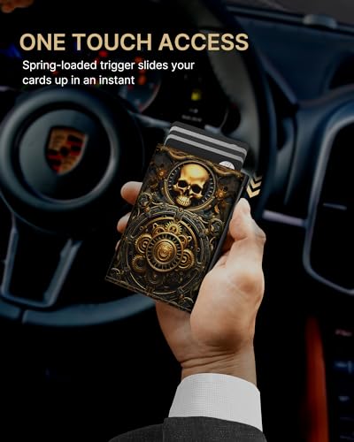 Image of typecase Mens Wallet Card Holder: Pop Up Aluminum Case, Carbon Fiber Leather, Smart, RFID Blocking, Slim, Minimalist, Front Pocket - 9-14 Card Capacity | ID Window | Cash Slot (Skull)