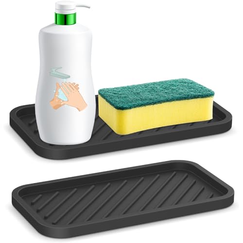 YUNYU 2-Pack Heat-Resistant Silicone Tray Set - Non-Slip Thickened Dish Drainers for Kitchen Worktop, Drying Mat & Organiser with Anti-Slip Stripes (Black)