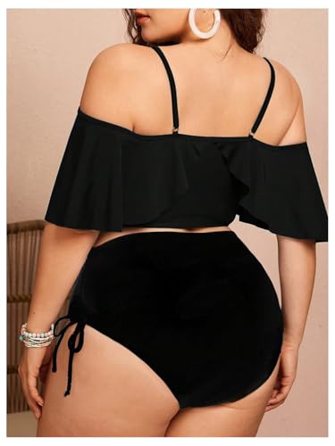 Women's Plus Size Two Piece Tankini Sets Off Shoulder Ruffle Drawstring High Waisted Textured Swimsuits2