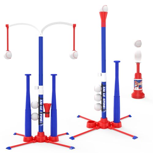 EagleStone 3-in-1 Toddler T Ball Set for Kids 3-5, 5-8, 2 Baseball Bats,Adjustable Height Hanging Tee,Tball Batting Stand,Ball Launcher. Outdoor/Indoor Baseball Toys for Toddlers, Backyard Sports Gift