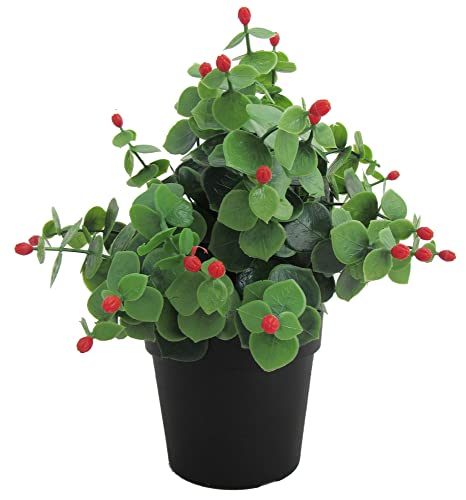 Verdelook Piantina Artificiale Decorativa Con Foglie In Pvc, 9.5X9.5 H25 Cm, Verde Con Bacche Rosse, Piante Finte