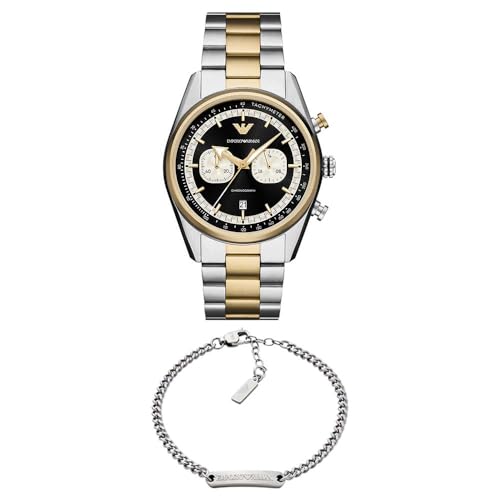 Emporio Armani Hombre Set Reloj Bicolor de Acero Inoxidable y Pulsera Tono Plateado, Set