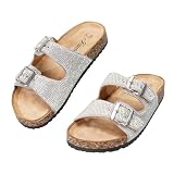 JOMIX Chanclas Mujer con Strass Sandalias de Doble Tira con Hebilla Ajustable y Corcho Suave Zuecos de Verano Calzado Cómodo WCF260234 (Plateado, 39)