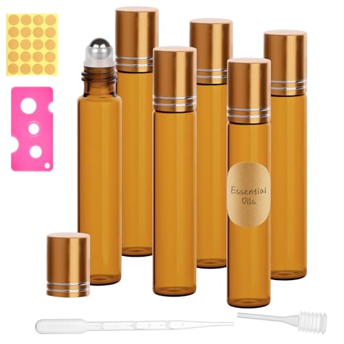 SONEER 10 ml Roll on Flasche Leer für Ätherisches Öl Braun Glas 6 Stück