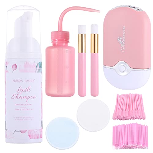 INENK Kit de limpeza de extensão de cílios, xampu de cílios com mini ventilador USB recarregável, 50