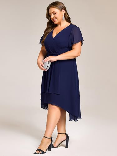 Image of Ever-Pretty Women's Summer V Neck Short Sleeves Chiffon Elastic Band Back Midi High Low Plus Size Formal Wedding Guest Dress Navy Blue US20
