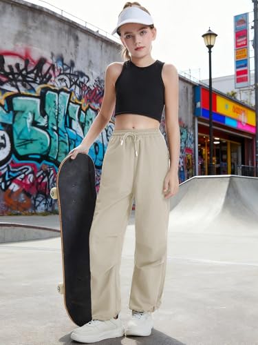 Image of Girls Parachute Cargo Pants Drawstring Waterproof Causal Hiking Pants for Girls Pockets Lightweight Running Joggers