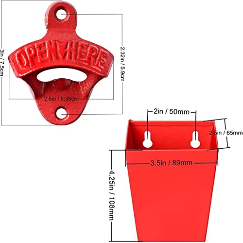 Jumiok Red Cast Iron Bottle Cap Opener Wall Mounted Beer Opener With Cap Catcher Narrow Bundle #TOP2