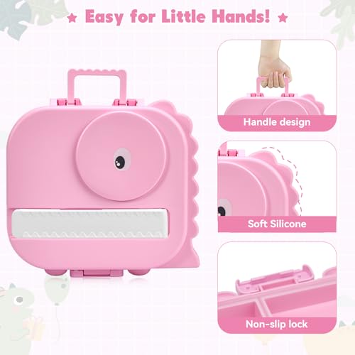 Image of Pawtong Bento Lunch Box with Thermo, 4-Compartment Bento Box with Adjustable Dividers, Leakproof Dinosaur Lunch Box with 14.2OZ Insulated Food Jar & Sauce Jar, for School Office Travel(Pink)