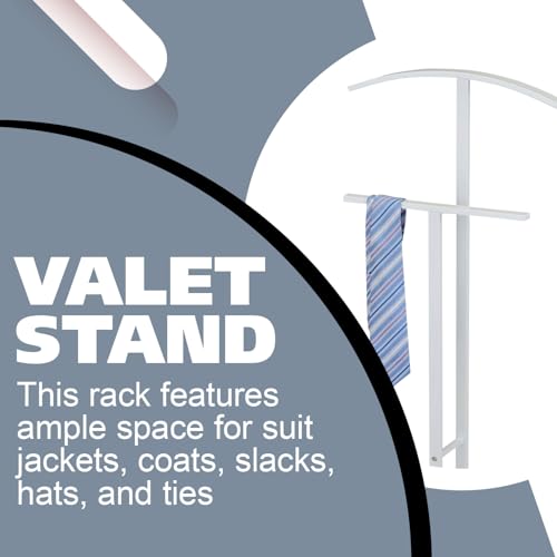 Image of Kings Brand Furniture Dossi Modern Metal Suit Valet Stand, Clothes Rack Organizer with Jacket, Pants & Tie Holder, Space-Saving Garment Rack for Bedroom or Closet (White)
