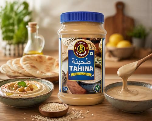 Image of AL MARAH White Tahini /Tahina Paste, 1KG (100% Hummus Ground Hulled Sesame Seed Paste Smooth & Creamy, Natural For Hummus, Middle Eastern Condiment For Salad Dressings, Baba Ghanoush)