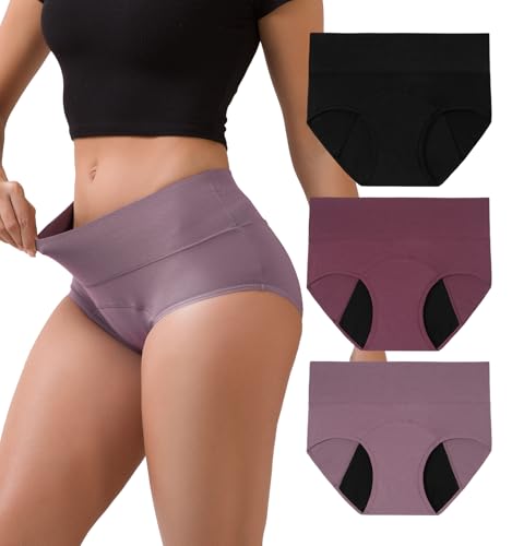 INNERSY Period Underwear for Women Leakproof High Waisted Menstrual Cotton Panties 3 Pack
