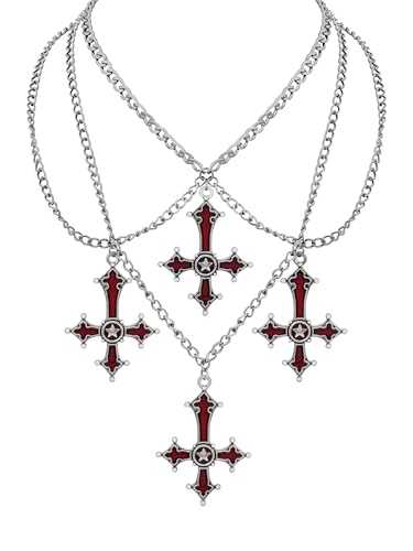 Sacina Gothic Red Goth Cross Necklace, Gothic Goth Emo Necklace, Grunge Costume Jewelry, Christmas Jewelry Gift for Women