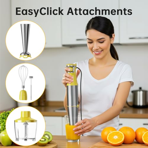 Image of Turelar Immersion Blender Handheld Corded Hand Blenders Set 1100W, Trigger Variable Speed 5 in 1 Stick Emulsifier with Chopper, Whisk and Frother for Soup, Baby Food and Smoothies, Yellow