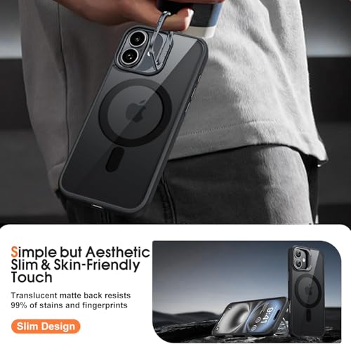 Image of VONZEE Clear Camera Kickstand Case for iPhone 16, Built-in Adjustable Camera Stand, Clear Magnetic Mag-Safe Shockproof Classic Series Phone Cover (Black)
