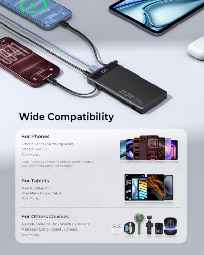 0.5" Ultra Slim Portable Charger 10000mAh Built-in Dual USB C Cable, Black - image 7