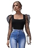 DIDK Damen Schmal Top mit Punkten Muster Netzstof Langarm Oberteil Bluse Elegant T-Shirt Pulli Tunika Herbstshirt Schwarz L