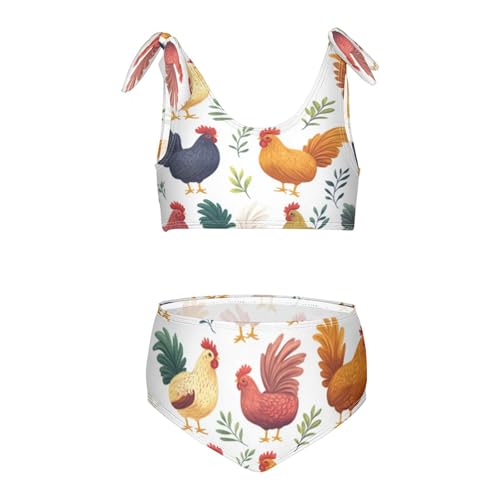 Chickens Farm Cockerel Colorful Leaf Girls Tankini Swimsuit Kids Bikini Sets 2 Pcs Bathing Suit 3T