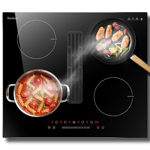 Karinear Induktionskochfeld mit Dunstabzug, Induktion Kochfeld 60CM Einbau, Schieberegler, Booster, Timer, Pause, 6400W Induktionsfeld 4 Platten und 135W Absaugung, 220-240V, Kein Stecker