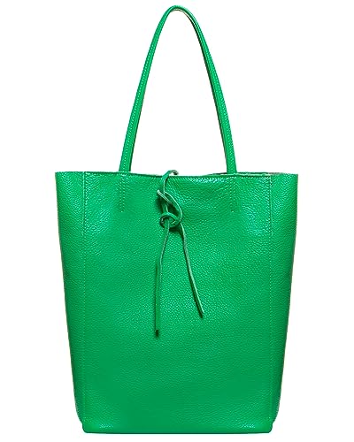 Image of Genuine Italian Leather Tote Bag for Women, Large Slouchy Purse, Green | Unstructured bag, raw unlined interior with zip pocket, top zipper, side ties, folds flat, fits a 16-inch laptop, lightweight