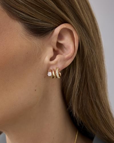 PAVOI 14K Gold Plated Sterling Silver Posts Cubic Zirconia Segment Triple Hoop Earrings for Women | Statement Triple Hoop Stud Earrings2