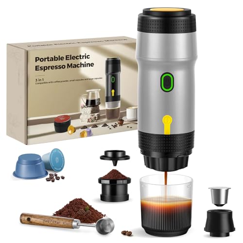 ICARE Cafetera Portatil Capsulas, Espresso Machine 3 en 1, 20BAR Presión, 92°C Extracción, Batería 7500mAh, Carga USB/Coche, para Café Molido y Cápsulas Pequeña/Grande (Plata)