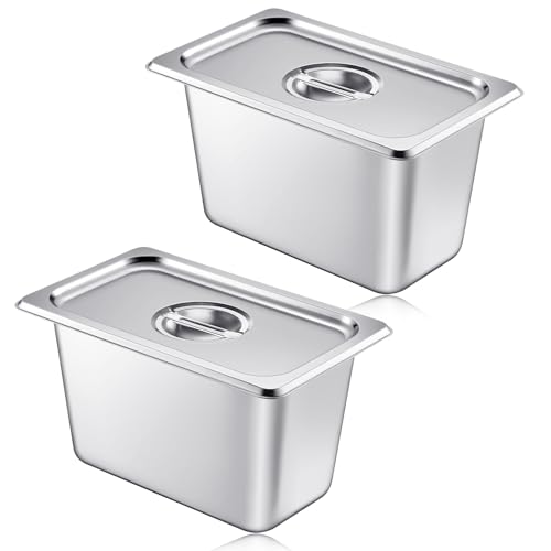 Image of Mifoci 2 Pack Stainless Steam Hotel Pan with Lid, 1 /4 Size x 6 Inch Deep, Reusable Anti Rust Steam Pan for Home, Party, Restaurant, Hotel, Buffet