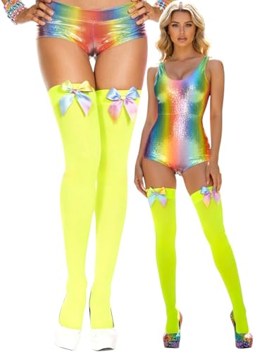 Image of ToBeInStyle Women's Opaque Long Thigh High Stockings w /Decorative Front Satin Bow