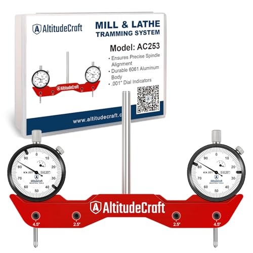 AltitudeCraft Mill Tramming Tool with Dual 0.001 Inch Dial Indicators for Spindle Squaring and Alignment 1/4 Inch Shank CNC Trammel Gauge for Mini Mills Shapeoko Onefinity Protective Case