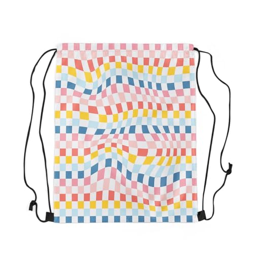 Manfei Geometric Plaid Drawstring Backpack,Square Checkerboad Checkered Foldable Waterproof Drawstring Bags,Modern Fashion Aesthetic Gym String Bag Back Bag,13"X16",Pink Blue