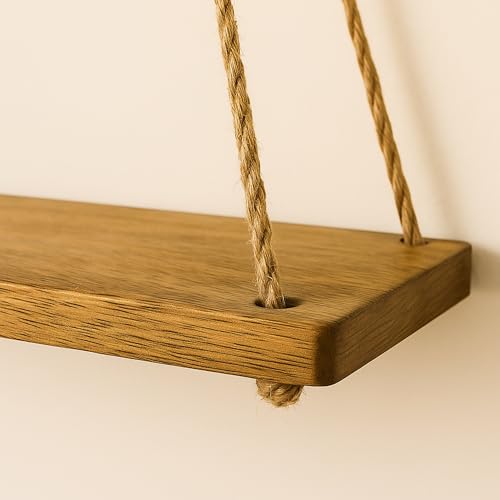 Image of Wooden Hanging Shelves Adjustable Rope Hanging Shelf, Wall Hanging Home Decor, Lightweight, Premium Wooden Shelf, Hanging Plant Shelf for Bedroom and Living Room Natural Finish