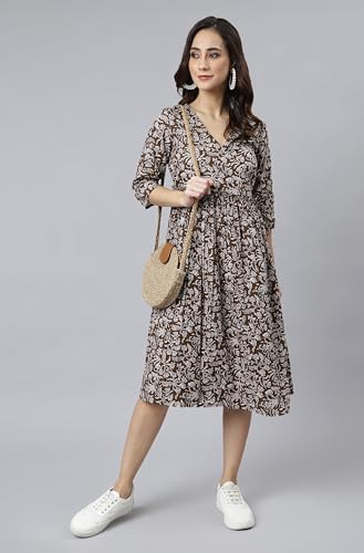 Image of Janasya Women's Cotton Floral Print Angrakha Dress