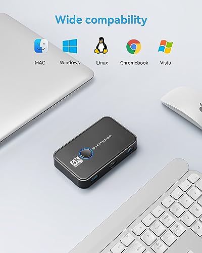 Giimake KVMスイッチ HDMI 2台のコンピューター用 HDモニター、キーボード、マウス1台を共有 - 4K@60Hz、HDMIケーブル2本、USBケーブル2本、USB C充電ケーブル1本付属