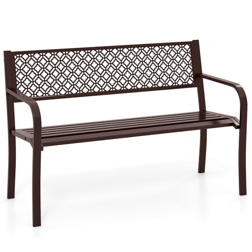 COSTWAY Banco Jardin para 2-3 Plazas, Banco Exterior de Metal, Respaldo Geométrico en Rejilla, Reposabrazos y Asiento de Listones, Terraza Patio Balcon, Carga 360kg, 127 x 59 x 82 cm (Oro)