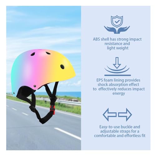 Image of Color Gradient Adjustable Kids Bike Helmet with Knee & Elbow Pads Set | Multi-Sport Safety Gear for Boys & Girls Ages 5-14 | Skateboarding, Scooters, Roller & Inline Skating, Longboarding
