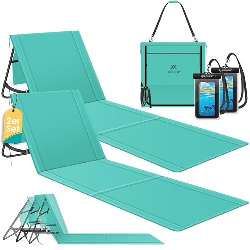 KESSER Juego de 2 esterillas de playa plegables con respaldo ajustable, correa de transporte, bolsa impermeable y almacenamiento, tumbona plegable para playa, jardín y terraza, soporta 130 kg cada uno