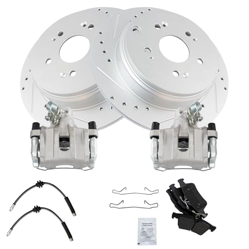 Image of TRQ Performance Rear Brake Pad and Rotor Set Semi Metallic Slotted Drilled G Coated Rotors Calipers Hoses Compatible with 2006-2008 Mazda 3 S 2007-2008 Mazda 3 MazdaSpeed