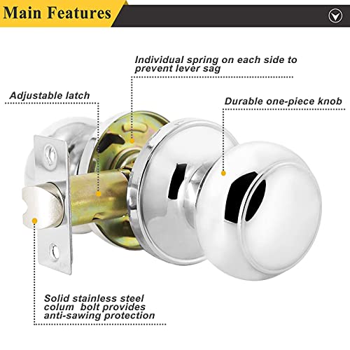 Probrico Interior Door Knobs Polished Chrome Finish, 4 Pack Passage Doorknob For Closet Hallway, Colonial Ball Knob With Universible Handles, Solid Adjustable 60-70Mm Latch #TOP3