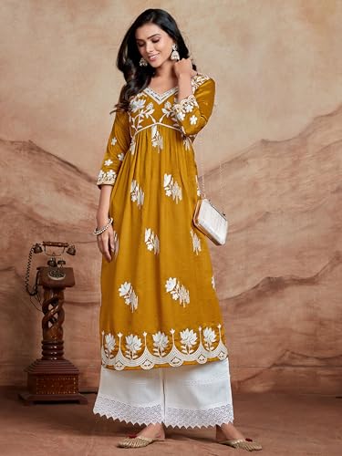 Image of EthnicJunction Women's Silk Blend Regular Fit Chikankari Embroidered Naira Cut Kurta