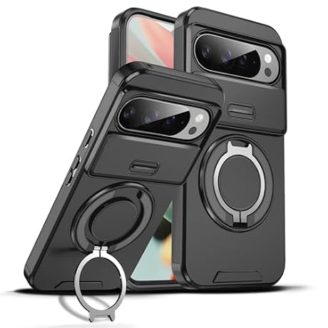 Dteck for Google Pixel 10/10 Pro Magnetic Case 6.3" 2025, with Rotating Ring Stand, Slide Camera Lens Cover, Compatible with MagSafe Accessories, Protective Shockproof Lightweight Slim Cover, Black