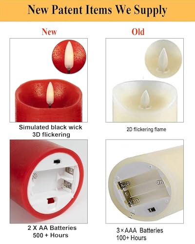 ANGELLOONG Red Flameless Candles with Remote and Timer, Real Wax Flickering Fake Pillar Candles Battery Operated, Electric LED Candle for Table Decor Valentines Day Gifts for Him Her, Set of 3