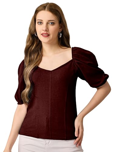 Image of Mehrang Women's Solid Ribbed Crop Tank Top Ribbed Tops for Women V-Neck 3 /4th Balloon Sleeves